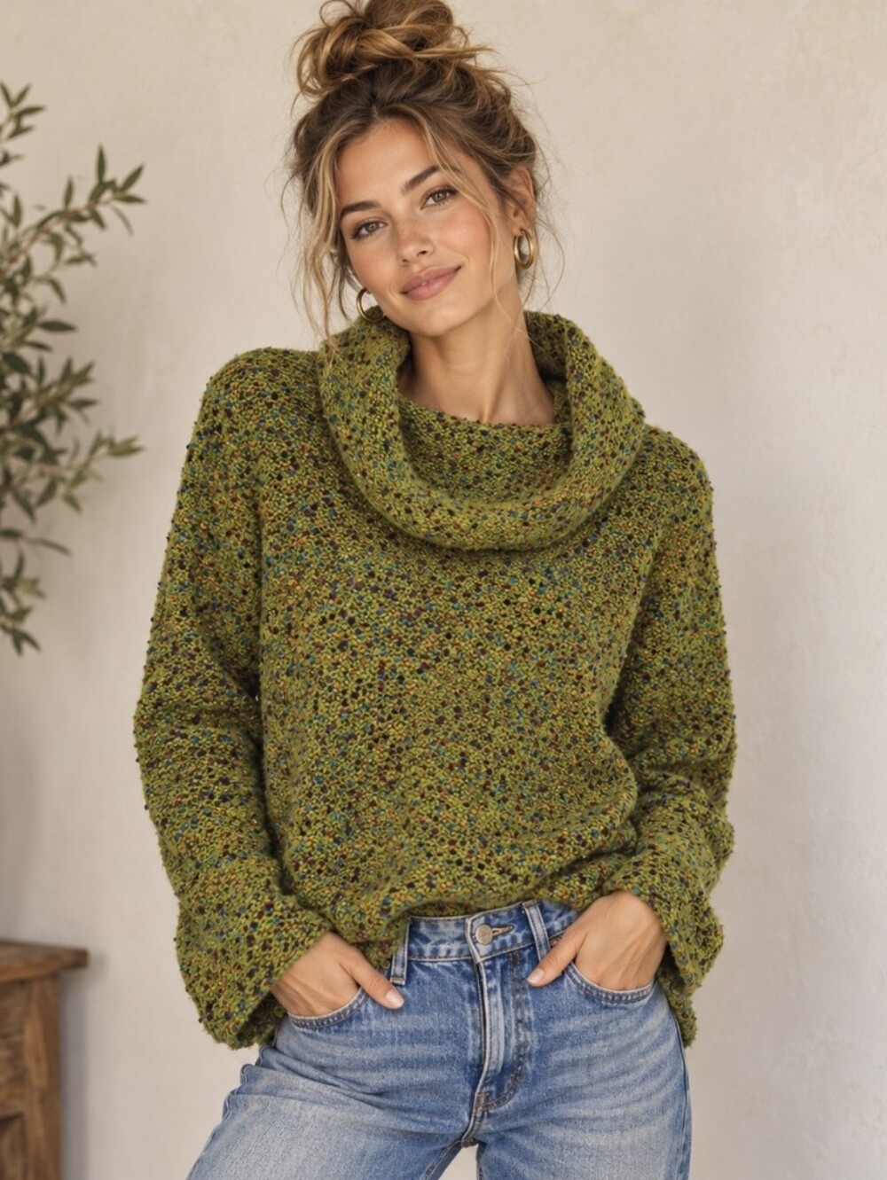 Habitat Cowl Neck Sweater Chartreuse Green Textured Knit Speckled Women's Size M